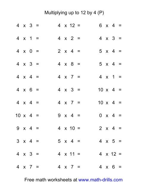 36 Horizontal Multiplication Facts Questions -- 4 by 0-12 (P)