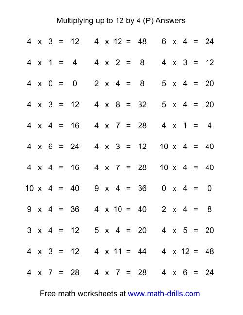 The 36 Horizontal Multiplication Facts Questions -- 4 by 0-12 (P) Math Worksheet Page 2