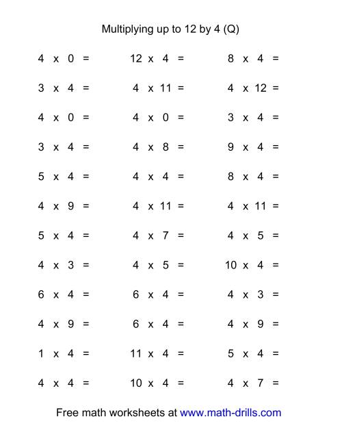 The 36 Horizontal Multiplication Facts Questions -- 4 by 0-12 (Q) Math Worksheet