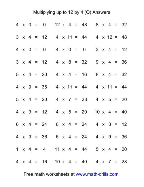 The 36 Horizontal Multiplication Facts Questions -- 4 by 0-12 (Q) Math Worksheet Page 2