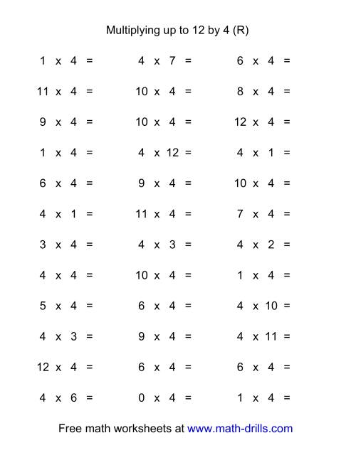 The 36 Horizontal Multiplication Facts Questions -- 4 by 0-12 (R) Math Worksheet