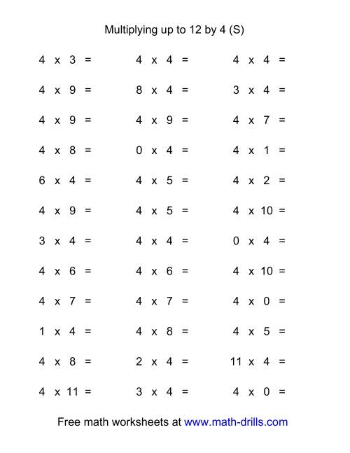 The 36 Horizontal Multiplication Facts Questions -- 4 by 0-12 (S) Math Worksheet