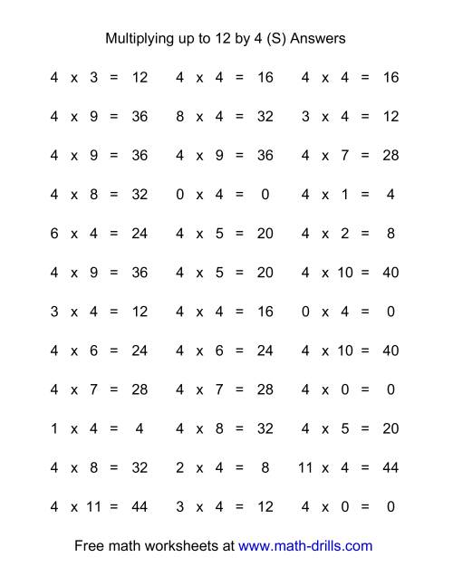 The 36 Horizontal Multiplication Facts Questions -- 4 by 0-12 (S) Math Worksheet Page 2