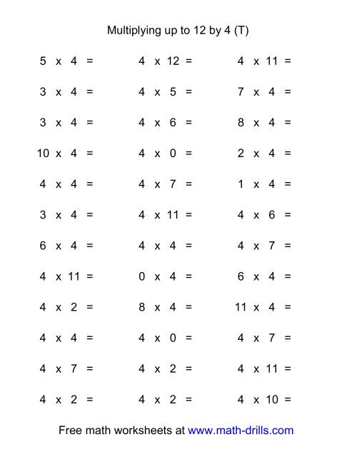 The 36 Horizontal Multiplication Facts Questions -- 4 by 0-12 (T) Math Worksheet