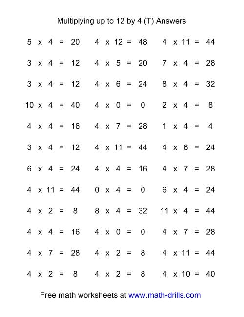 The 36 Horizontal Multiplication Facts Questions -- 4 by 0-12 (T) Math Worksheet Page 2