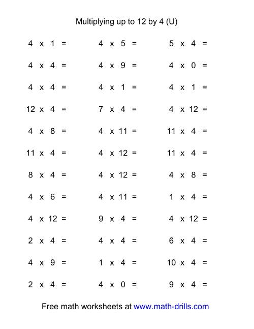 The 36 Horizontal Multiplication Facts Questions -- 4 by 0-12 (U) Math Worksheet