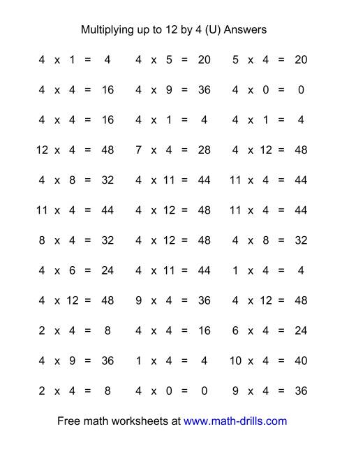 The 36 Horizontal Multiplication Facts Questions -- 4 by 0-12 (U) Math Worksheet Page 2