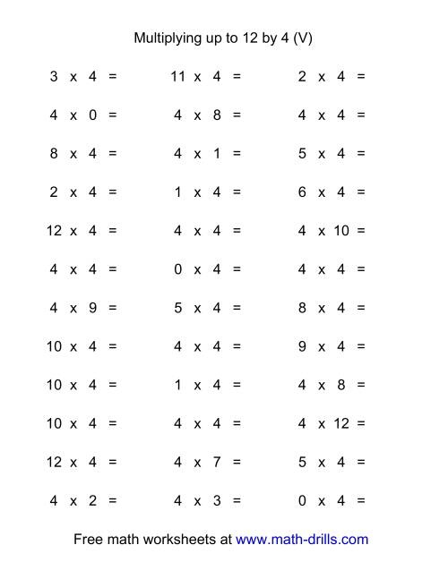 The 36 Horizontal Multiplication Facts Questions -- 4 by 0-12 (V) Math Worksheet