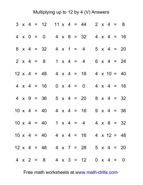 The 36 Horizontal Multiplication Facts Questions -- 4 by 0-12 (V) Math Worksheet Page 2