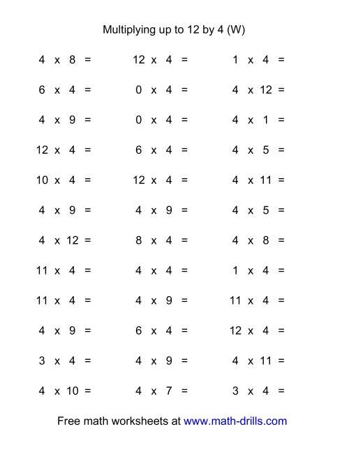 36 Horizontal Multiplication Facts Questions -- 4 by 0-12 (W)