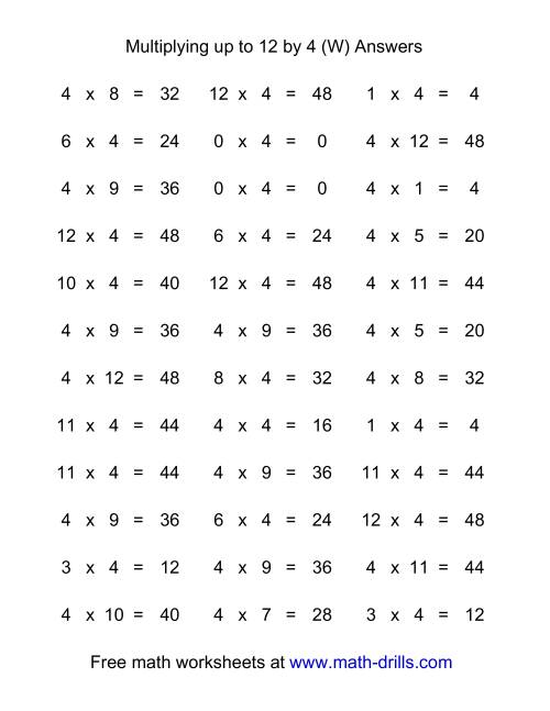 The 36 Horizontal Multiplication Facts Questions -- 4 by 0-12 (W) Math Worksheet Page 2