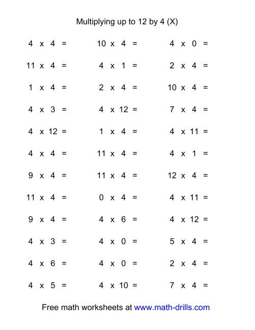 The 36 Horizontal Multiplication Facts Questions -- 4 by 0-12 (X) Math Worksheet