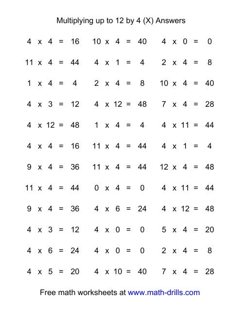 The 36 Horizontal Multiplication Facts Questions -- 4 by 0-12 (X) Math Worksheet Page 2