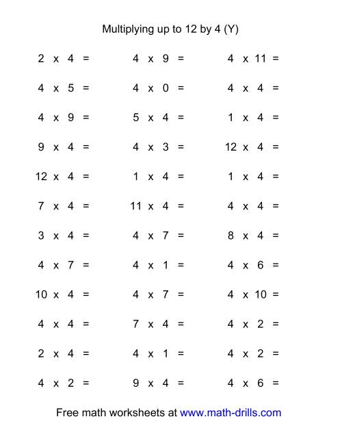 36 Horizontal Multiplication Facts Questions -- 4 by 0-12 (Y)