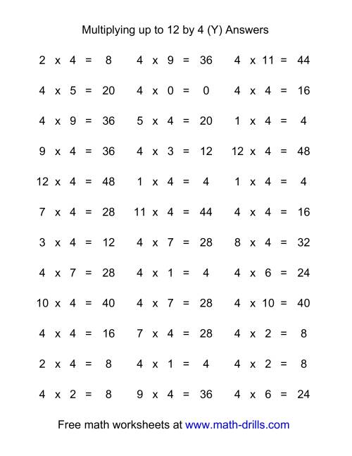 The 36 Horizontal Multiplication Facts Questions -- 4 by 0-12 (Y) Math Worksheet Page 2