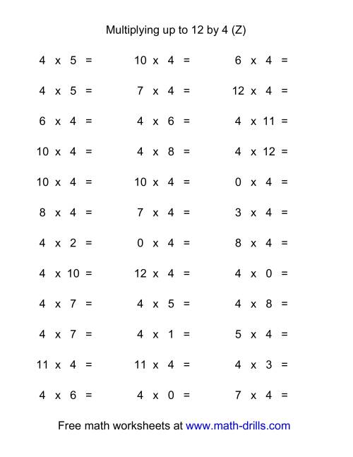 The 36 Horizontal Multiplication Facts Questions -- 4 by 0-12 (Z) Math Worksheet