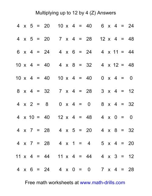 The 36 Horizontal Multiplication Facts Questions -- 4 by 0-12 (Z) Math Worksheet Page 2