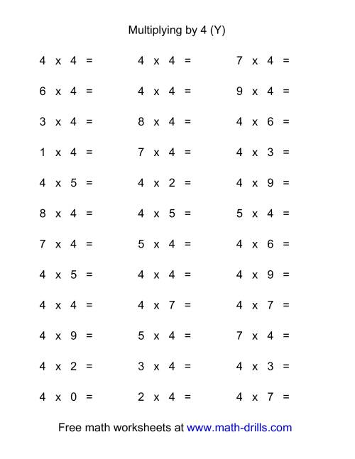 36 horizontal multiplication facts questions 4 by 0 9 y