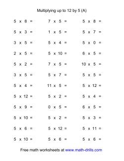 36 Horizontal Multiplication Facts Questions -- 5 by 0-12