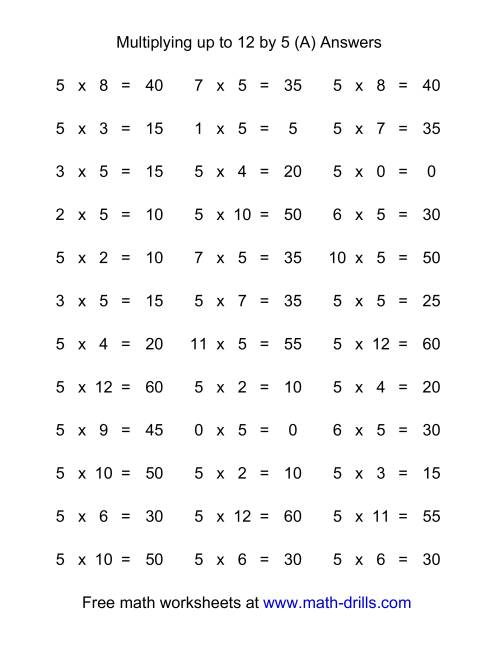 The 36 Horizontal Multiplication Facts Questions -- 5 by 0-12 (A) Math Worksheet Page 2