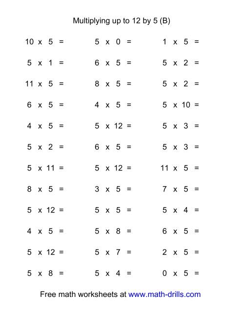 The 36 Horizontal Multiplication Facts Questions -- 5 by 0-12 (B) Math Worksheet