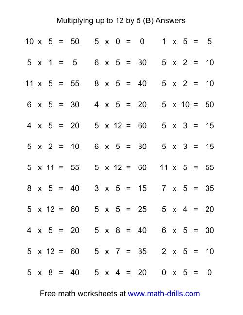 The 36 Horizontal Multiplication Facts Questions -- 5 by 0-12 (B) Math Worksheet Page 2