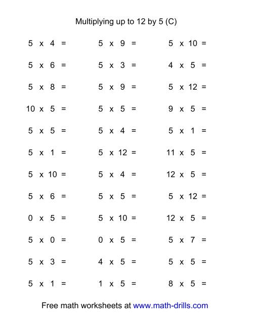 The 36 Horizontal Multiplication Facts Questions -- 5 by 0-12 (C) Math Worksheet