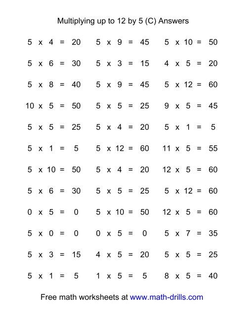 The 36 Horizontal Multiplication Facts Questions -- 5 by 0-12 (C) Math Worksheet Page 2
