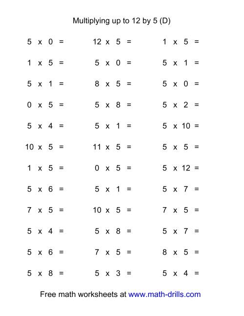The 36 Horizontal Multiplication Facts Questions -- 5 by 0-12 (D) Math Worksheet
