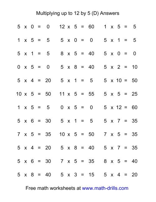 The 36 Horizontal Multiplication Facts Questions -- 5 by 0-12 (D) Math Worksheet Page 2