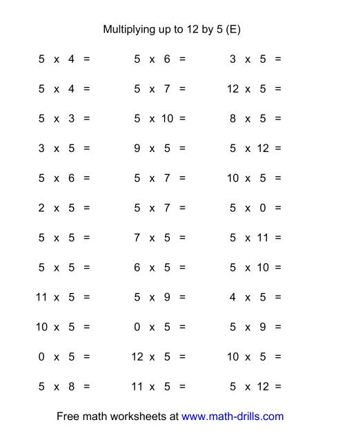 The 36 Horizontal Multiplication Facts Questions -- 5 by 0-12 (E) Math Worksheet