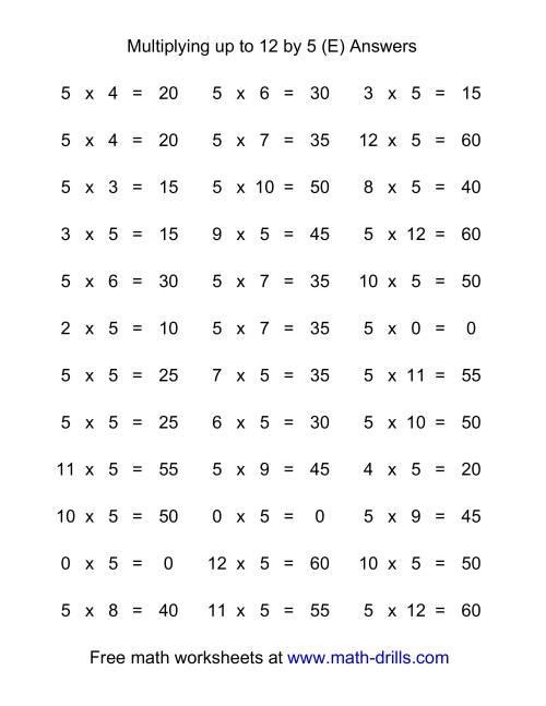 The 36 Horizontal Multiplication Facts Questions -- 5 by 0-12 (E) Math Worksheet Page 2