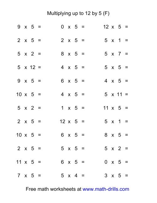 The 36 Horizontal Multiplication Facts Questions -- 5 by 0-12 (F) Math Worksheet
