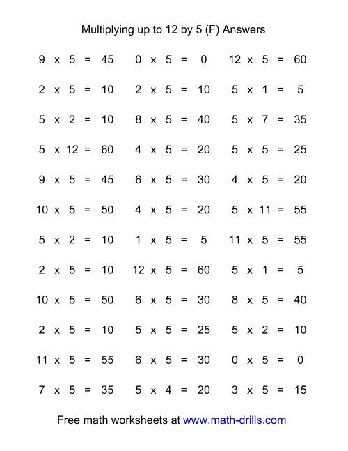 The 36 Horizontal Multiplication Facts Questions -- 5 by 0-12 (F) Math Worksheet Page 2