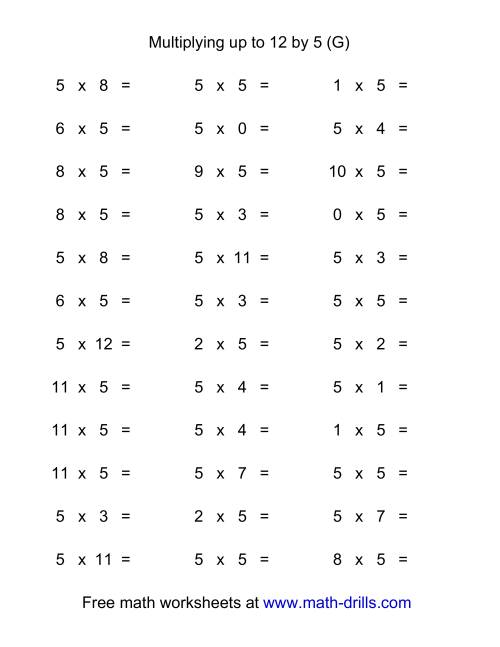 The 36 Horizontal Multiplication Facts Questions -- 5 by 0-12 (G) Math Worksheet