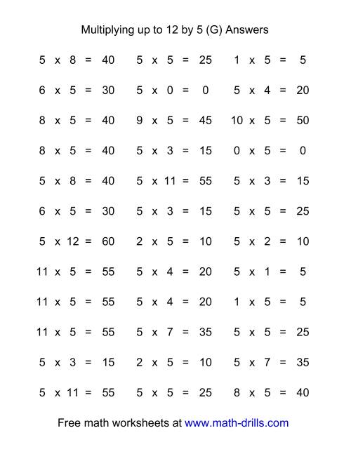 The 36 Horizontal Multiplication Facts Questions -- 5 by 0-12 (G) Math Worksheet Page 2