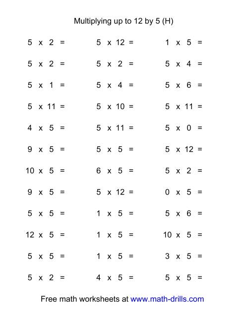The 36 Horizontal Multiplication Facts Questions -- 5 by 0-12 (H) Math Worksheet