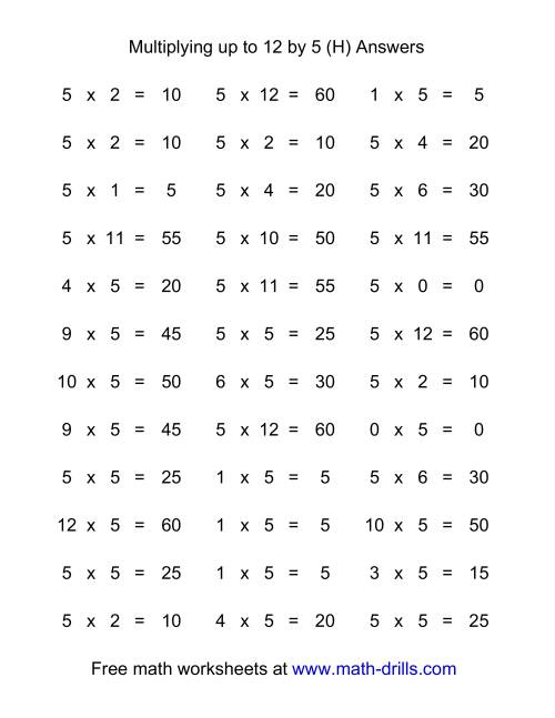 The 36 Horizontal Multiplication Facts Questions -- 5 by 0-12 (H) Math Worksheet Page 2