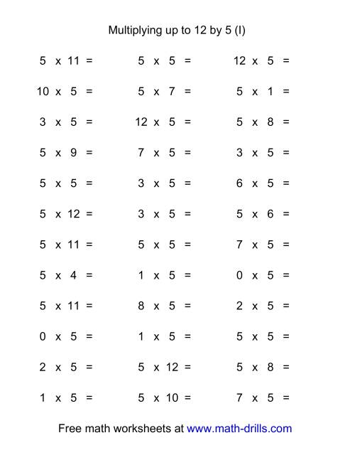 The 36 Horizontal Multiplication Facts Questions -- 5 by 0-12 (I) Math Worksheet