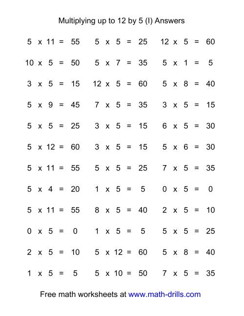 The 36 Horizontal Multiplication Facts Questions -- 5 by 0-12 (I) Math Worksheet Page 2