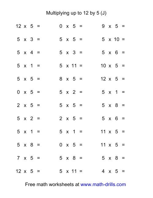 The 36 Horizontal Multiplication Facts Questions -- 5 by 0-12 (J) Math Worksheet