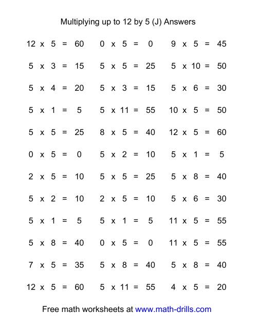 The 36 Horizontal Multiplication Facts Questions -- 5 by 0-12 (J) Math Worksheet Page 2