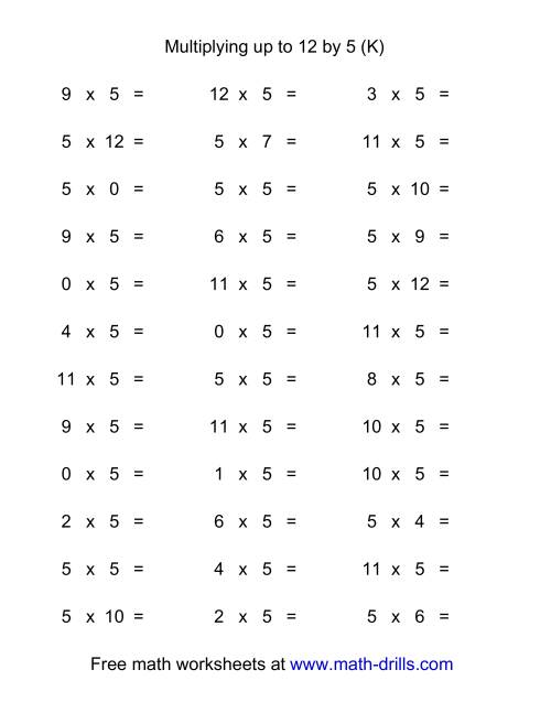 The 36 Horizontal Multiplication Facts Questions -- 5 by 0-12 (K) Math Worksheet