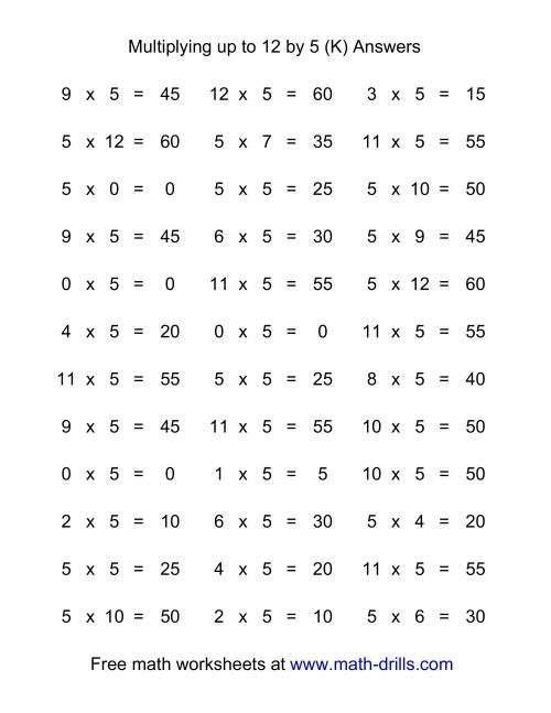 The 36 Horizontal Multiplication Facts Questions -- 5 by 0-12 (K) Math Worksheet Page 2
