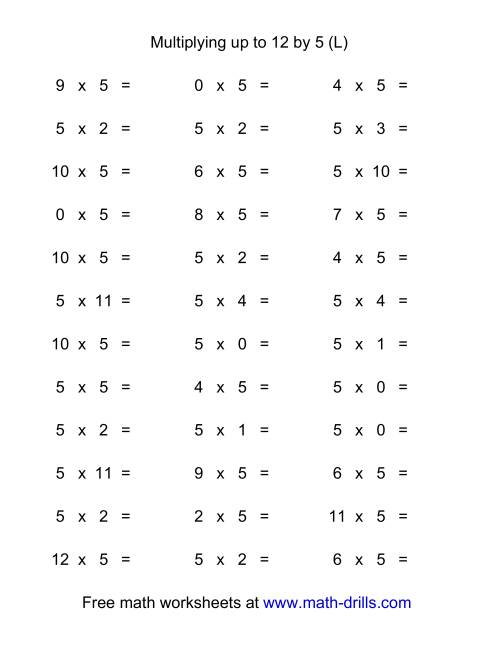 The 36 Horizontal Multiplication Facts Questions -- 5 by 0-12 (L) Math Worksheet