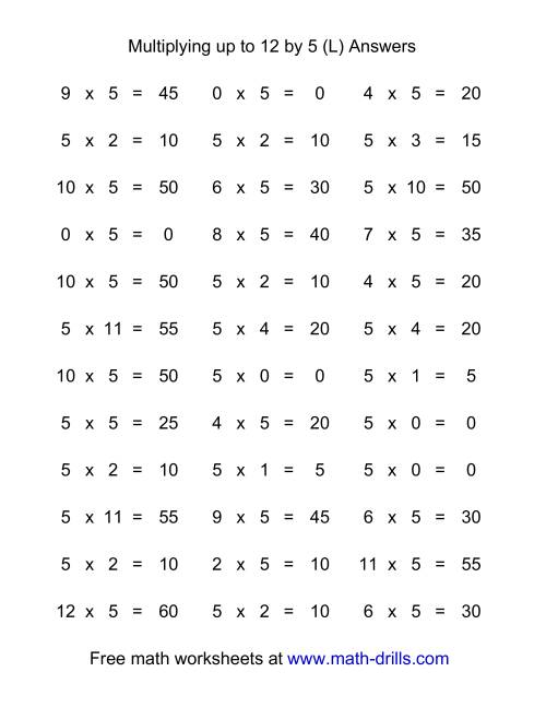 The 36 Horizontal Multiplication Facts Questions -- 5 by 0-12 (L) Math Worksheet Page 2