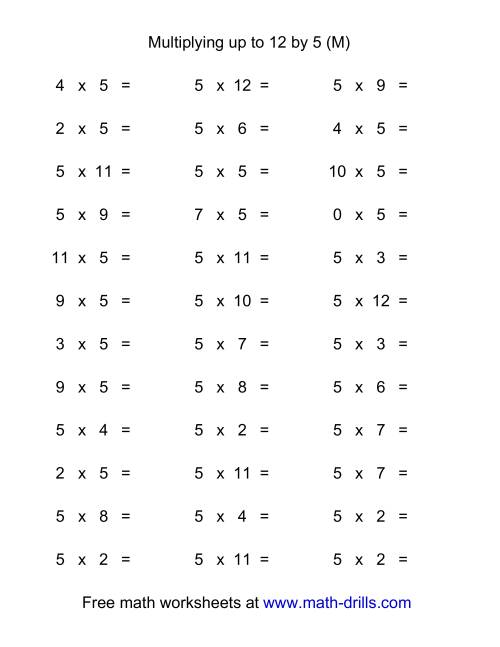 The 36 Horizontal Multiplication Facts Questions -- 5 by 0-12 (M) Math Worksheet