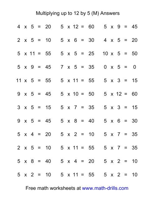 The 36 Horizontal Multiplication Facts Questions -- 5 by 0-12 (M) Math Worksheet Page 2