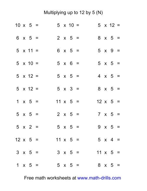 The 36 Horizontal Multiplication Facts Questions -- 5 by 0-12 (N) Math Worksheet