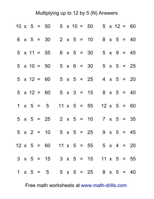 The 36 Horizontal Multiplication Facts Questions -- 5 by 0-12 (N) Math Worksheet Page 2